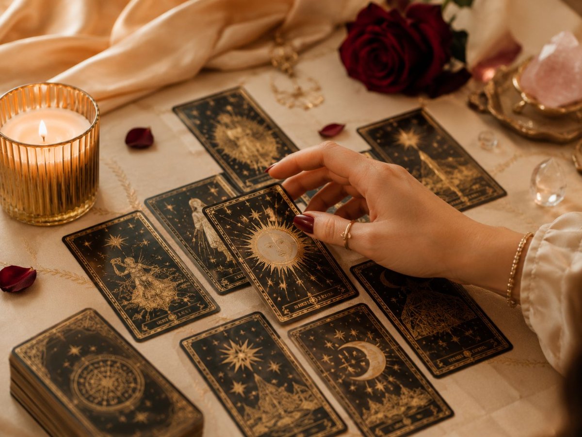 Cartas de tarô para leitura do amor com vela e rosa vermelha