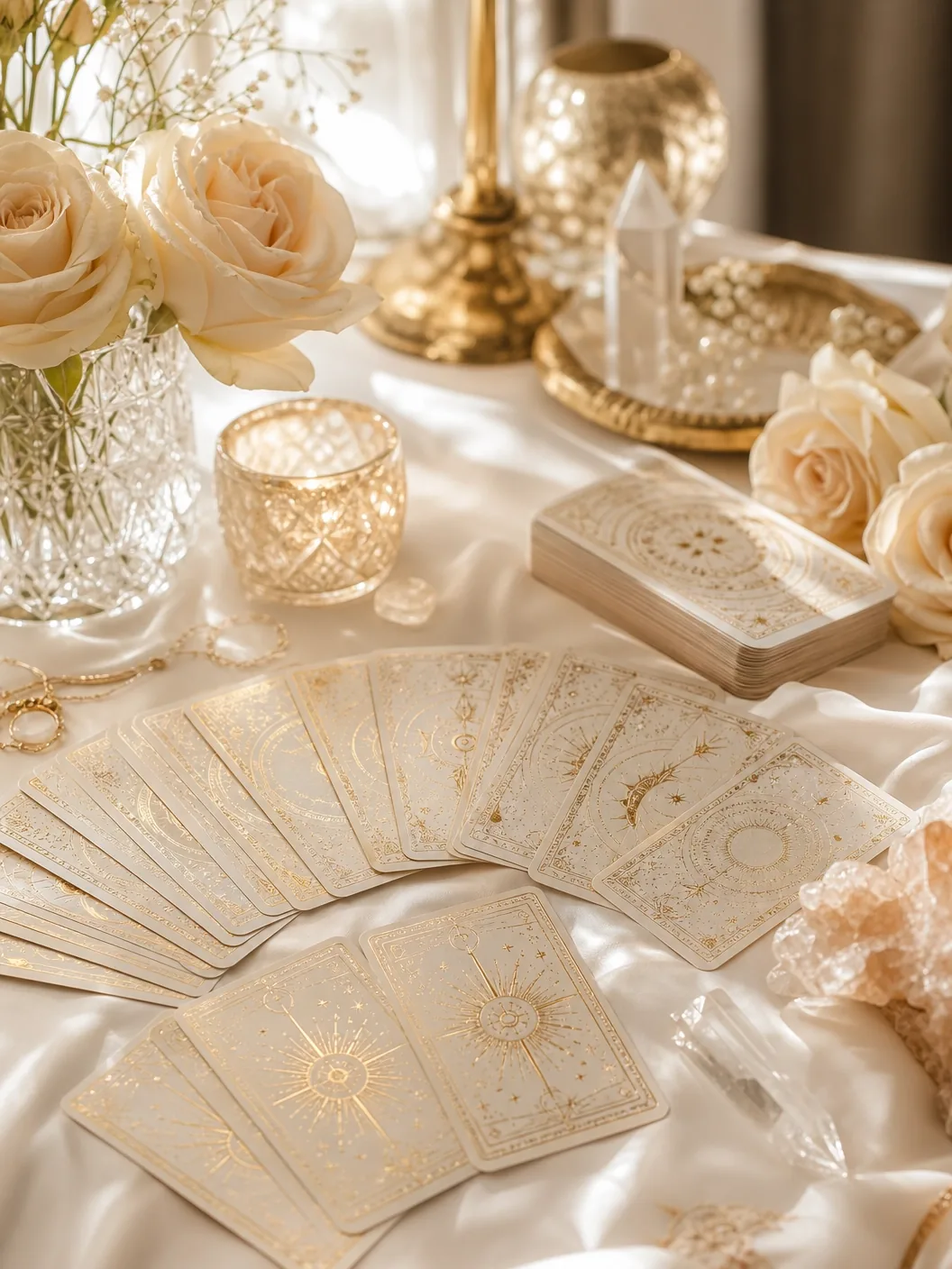 Cartas de Tarô marfim com detalhes dourados em leque sobre cetim, com rosas claras, um castiçal dourado e uma vela em vidro facetado